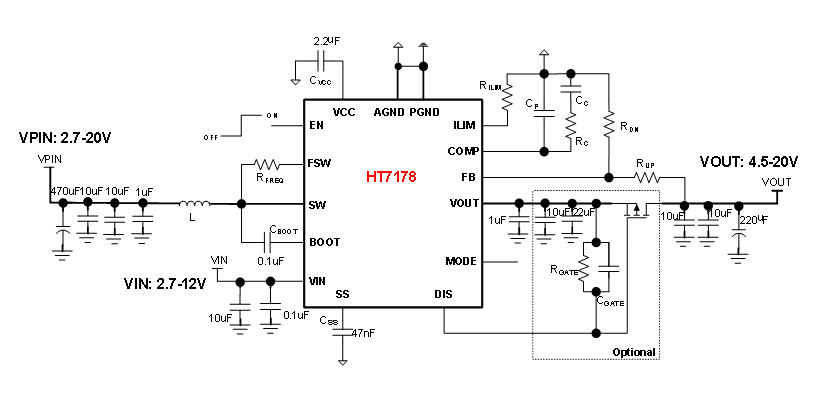 HT7178 带输出关断的20V,14A全集成同步升压转换器(图1)